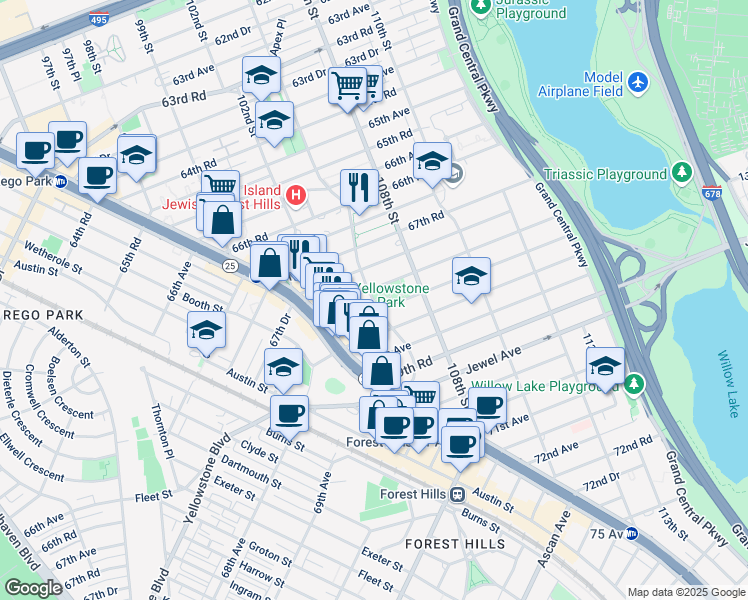 map of restaurants, bars, coffee shops, grocery stores, and more near 106-21 68th Avenue in Queens