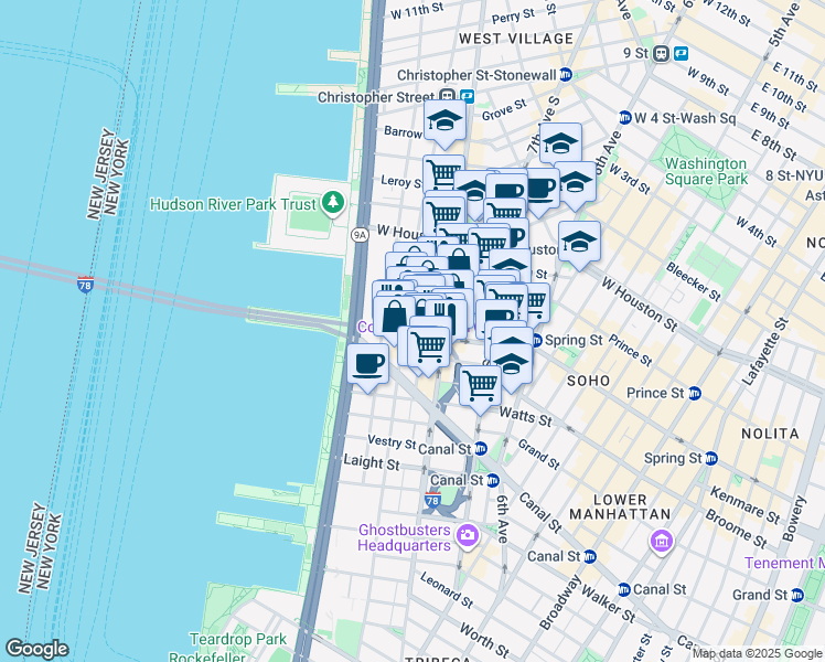 map of restaurants, bars, coffee shops, grocery stores, and more near 309 Spring Street in New York