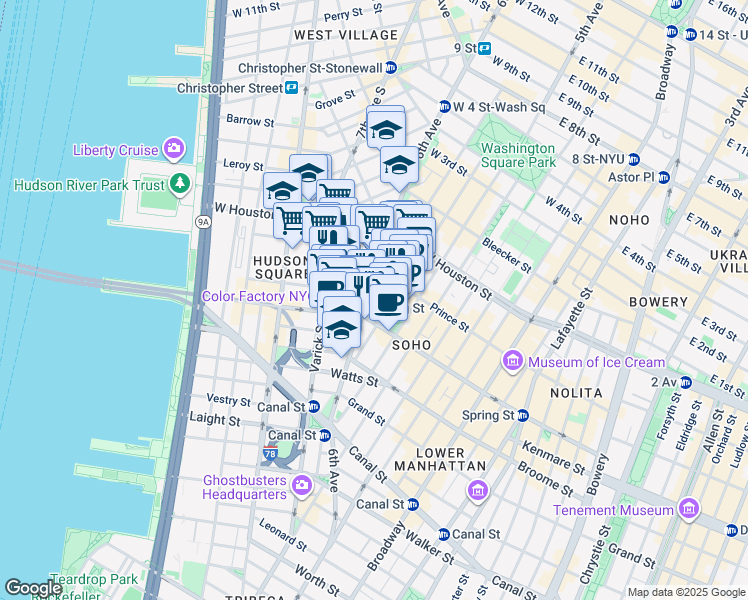 map of restaurants, bars, coffee shops, grocery stores, and more near 14 Charlton Street in New York