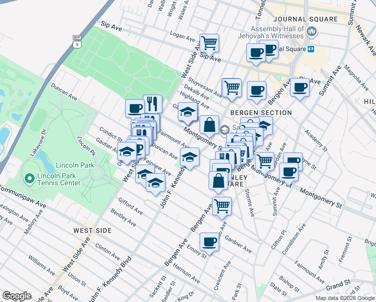 map of restaurants, bars, coffee shops, grocery stores, and more near 384 Fairmount Avenue in Jersey City