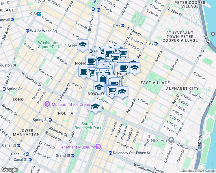 map of restaurants, bars, coffee shops, grocery stores, and more near 82 2nd Avenue in New York
