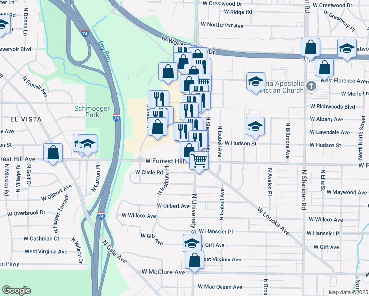 map of restaurants, bars, coffee shops, grocery stores, and more near 3127 North University Street in Peoria