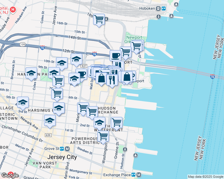 map of restaurants, bars, coffee shops, grocery stores, and more near 525 Washington Boulevard in Jersey City