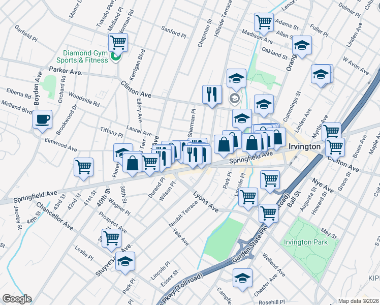 map of restaurants, bars, coffee shops, grocery stores, and more near 71 Grant Place in Irvington