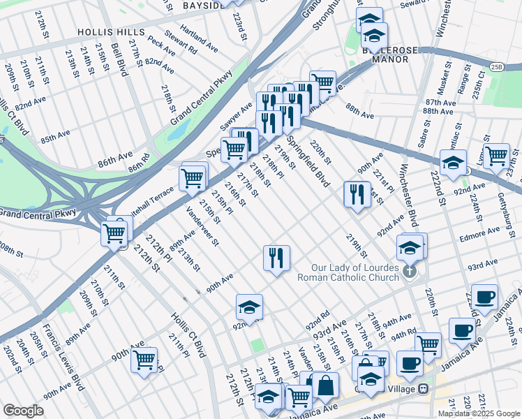 map of restaurants, bars, coffee shops, grocery stores, and more near 89-27 217th Street in Queens
