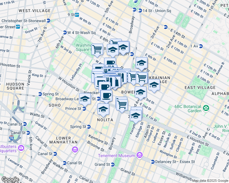 map of restaurants, bars, coffee shops, grocery stores, and more near 30 Bond Street in New York