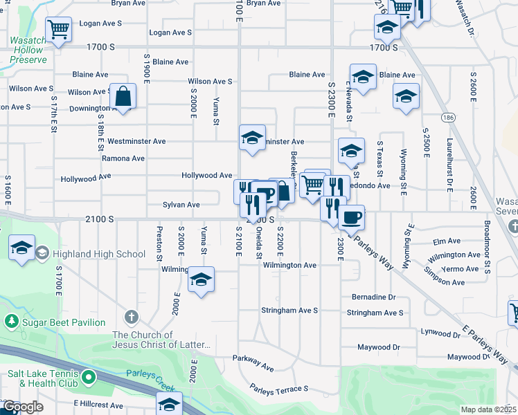map of restaurants, bars, coffee shops, grocery stores, and more near 2011 South 2100 East in Salt Lake City