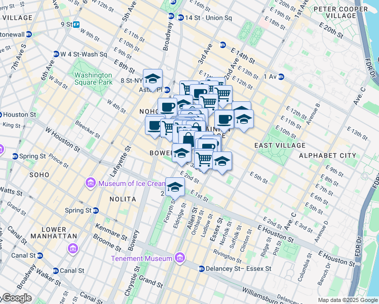 map of restaurants, bars, coffee shops, grocery stores, and more near 93 East 4th Street in New York