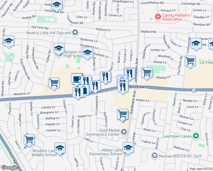 map of restaurants, bars, coffee shops, grocery stores, and more near 42 Squirrel Lane in Levittown