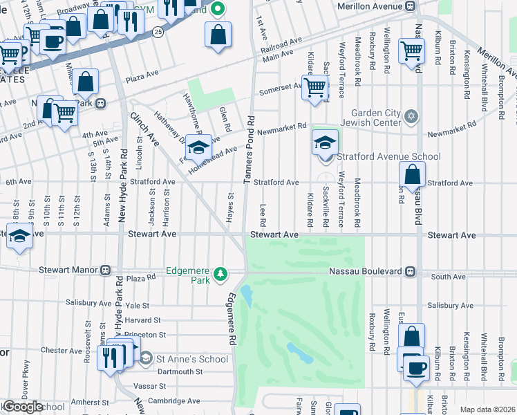 map of restaurants, bars, coffee shops, grocery stores, and more near 116 Lee Road in Garden City