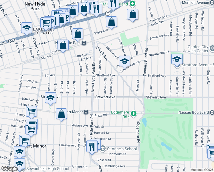 map of restaurants, bars, coffee shops, grocery stores, and more near 119 Jackson Street in Garden City
