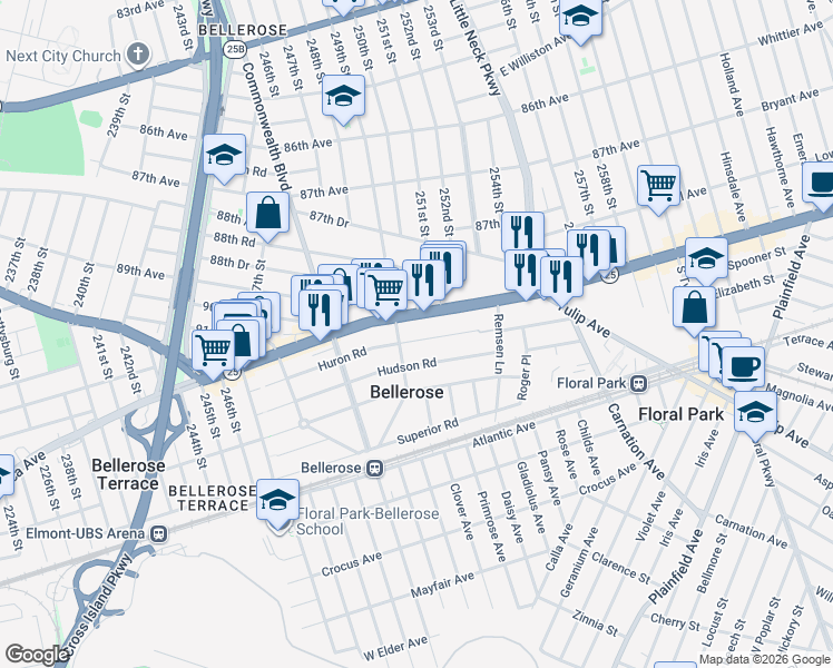 map of restaurants, bars, coffee shops, grocery stores, and more near 250-36 Jericho Turnpike in Floral Park
