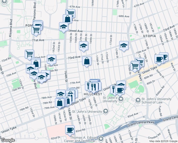 map of restaurants, bars, coffee shops, grocery stores, and more near 75-35 167th Street in Queens