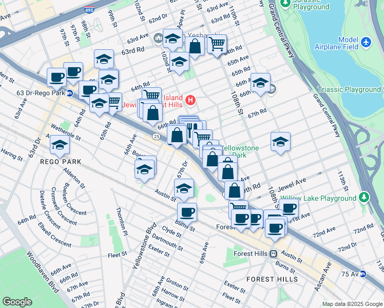 map of restaurants, bars, coffee shops, grocery stores, and more near 10207 67th Drive in Queens