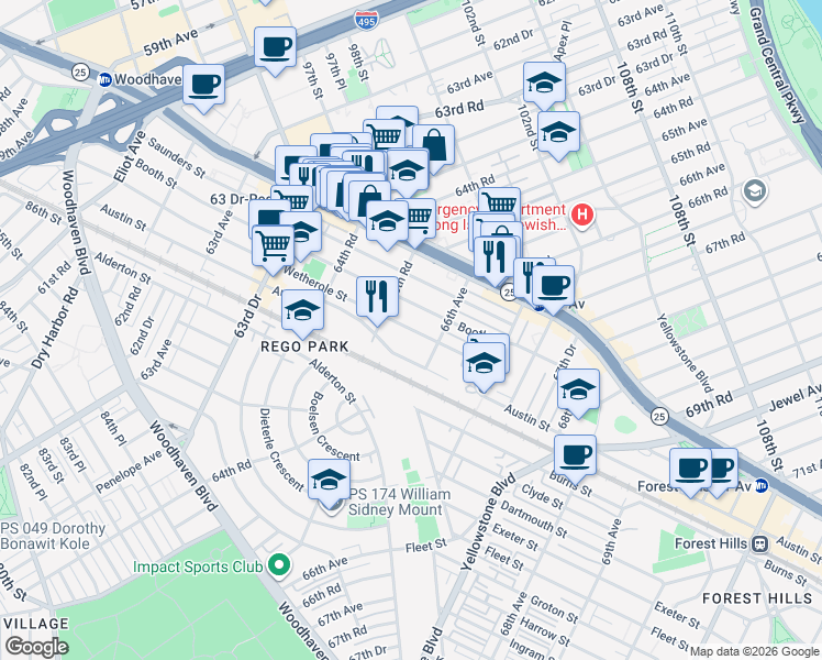 map of restaurants, bars, coffee shops, grocery stores, and more near 65-47 Wetherole Street in Queens