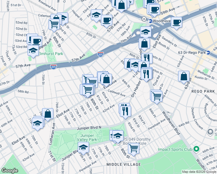 map of restaurants, bars, coffee shops, grocery stores, and more near 60-52 83rd Street in Queens