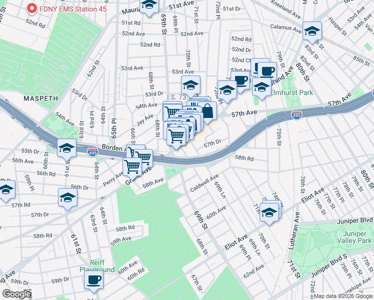 map of restaurants, bars, coffee shops, grocery stores, and more near 69-29 Grand Avenue in Queens