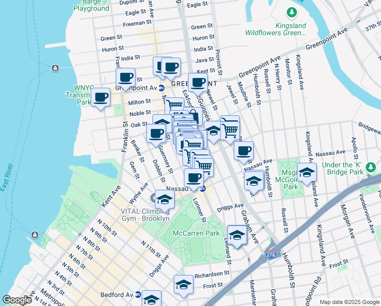 map of restaurants, bars, coffee shops, grocery stores, and more near 639 Leonard Street in Brooklyn