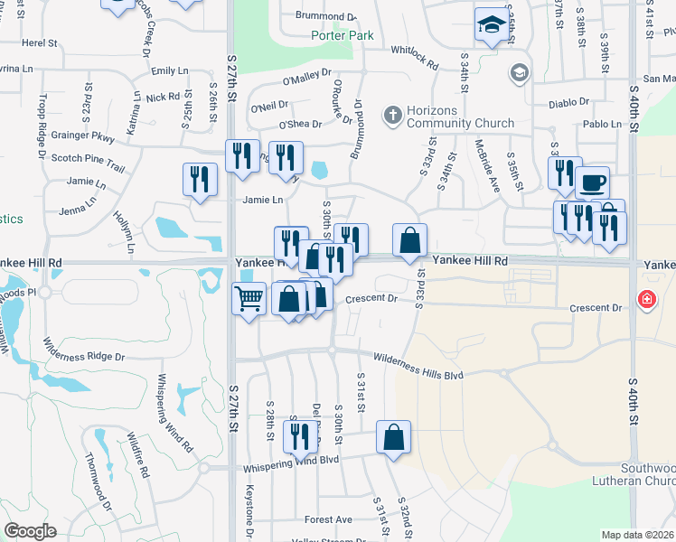 map of restaurants, bars, coffee shops, grocery stores, and more near 8447 South Tularosa Court in Lincoln