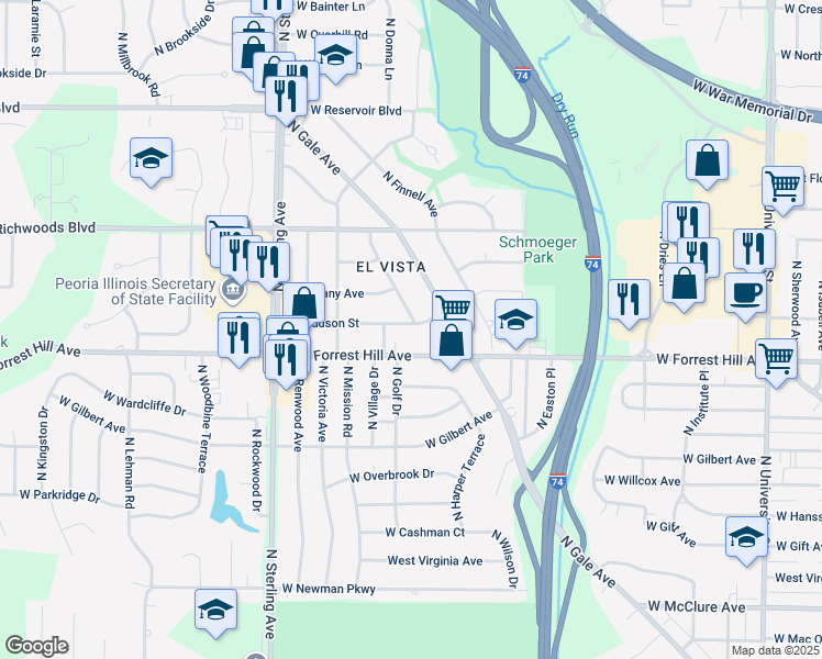 map of restaurants, bars, coffee shops, grocery stores, and more near 3206 North El Vista Avenue in Peoria