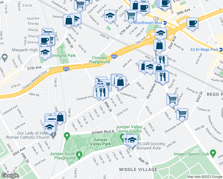 map of restaurants, bars, coffee shops, grocery stores, and more near 60-32 82nd Street in Queens