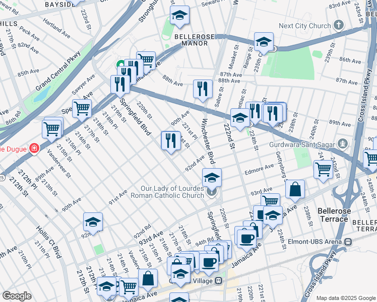map of restaurants, bars, coffee shops, grocery stores, and more near 220-18 91st Road in Queens
