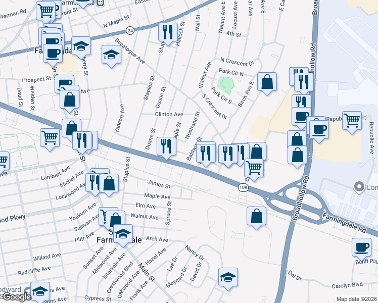 map of restaurants, bars, coffee shops, grocery stores, and more near in Farmingdale