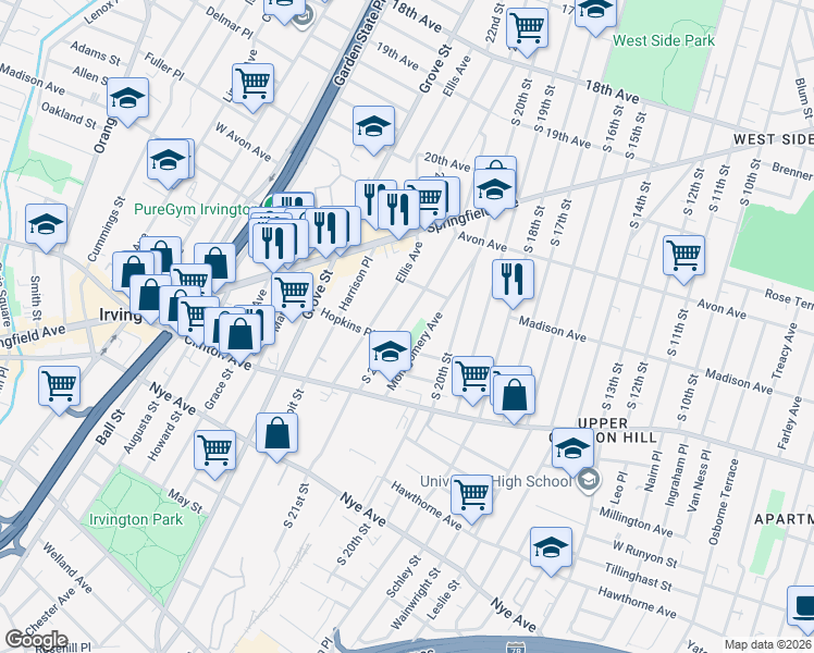 map of restaurants, bars, coffee shops, grocery stores, and more near 80 Ellis Avenue in Irvington