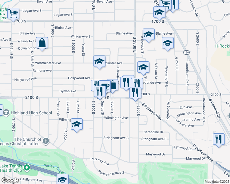 map of restaurants, bars, coffee shops, grocery stores, and more near 2213 East 2100 South in Salt Lake City
