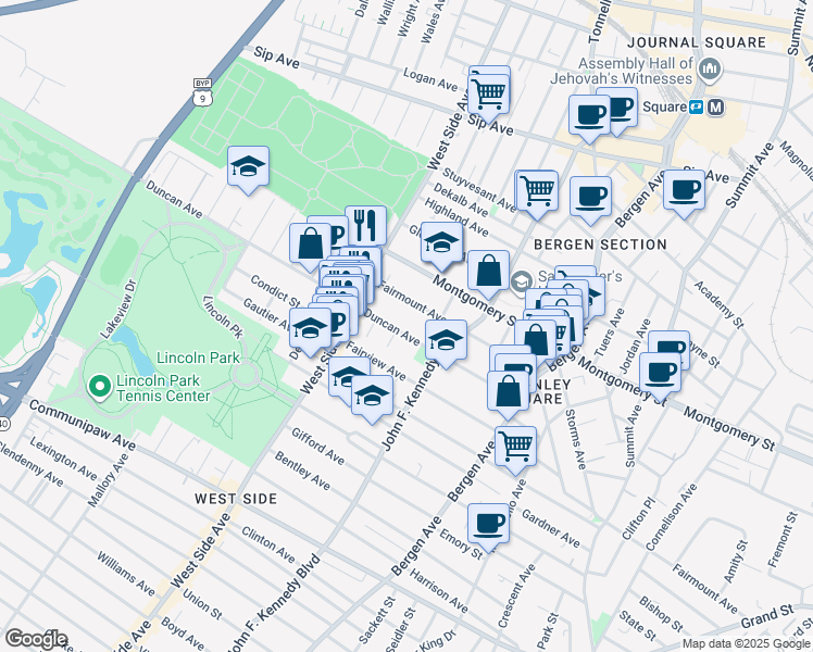 map of restaurants, bars, coffee shops, grocery stores, and more near 413 Fairmount Avenue in Jersey City