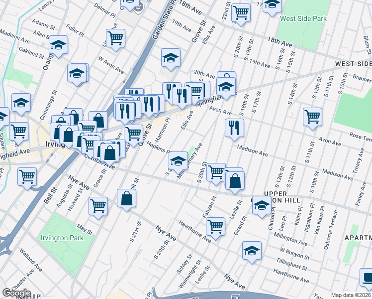 map of restaurants, bars, coffee shops, grocery stores, and more near 496 South 21st Street in Irvington
