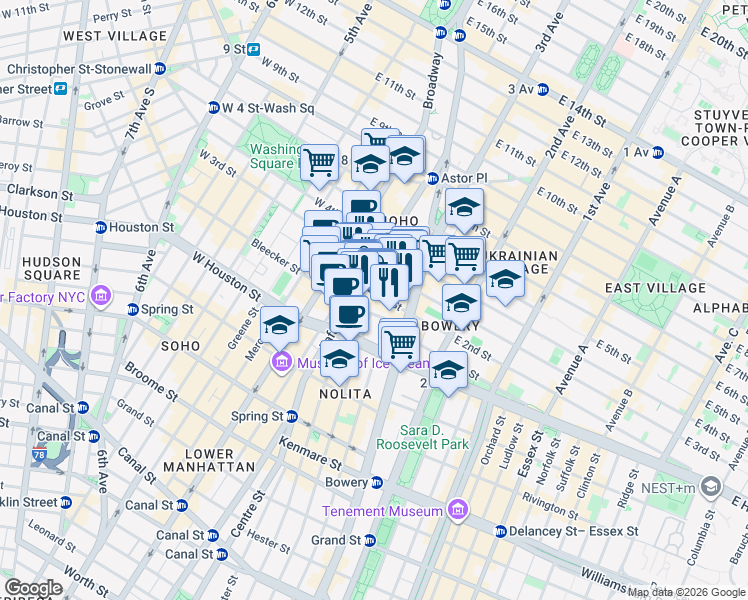 map of restaurants, bars, coffee shops, grocery stores, and more near 30 Bond Street in New York