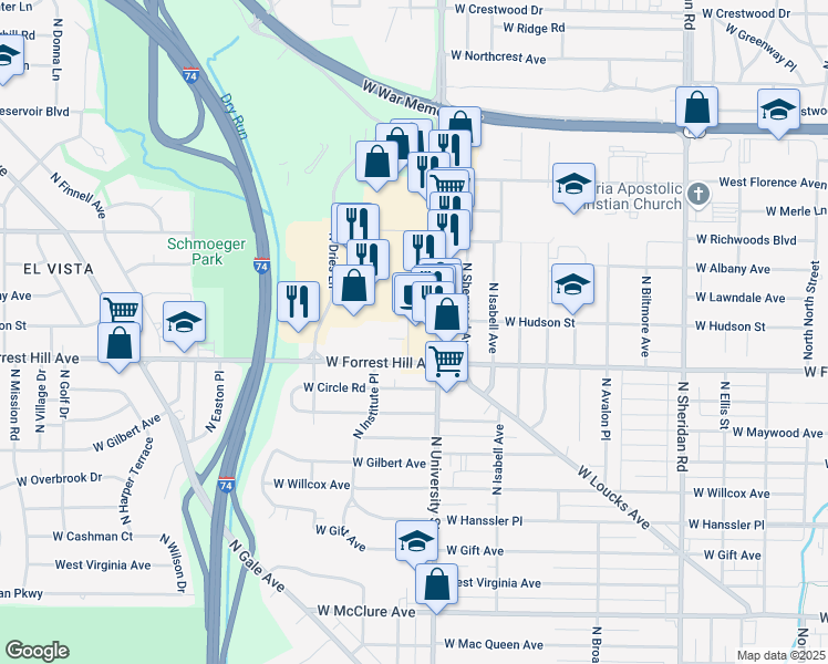 map of restaurants, bars, coffee shops, grocery stores, and more near 3127 North University Street in Peoria