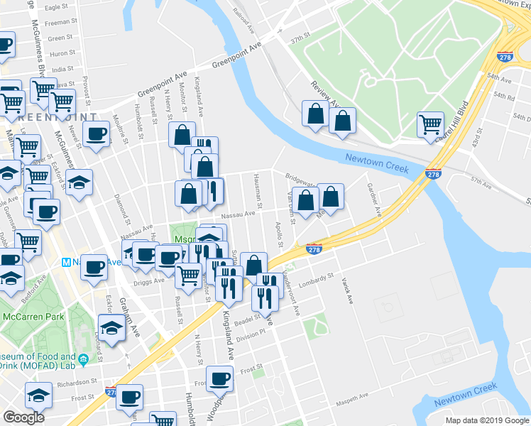 map of restaurants, bars, coffee shops, grocery stores, and more near 296 Nassau Avenue in Brooklyn