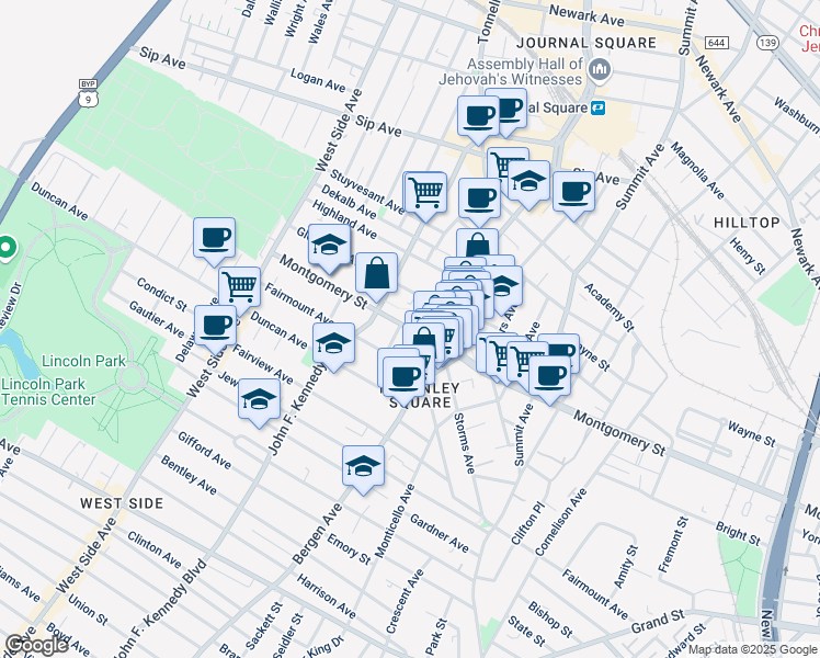 map of restaurants, bars, coffee shops, grocery stores, and more near 796 Montgomery Street in Jersey City