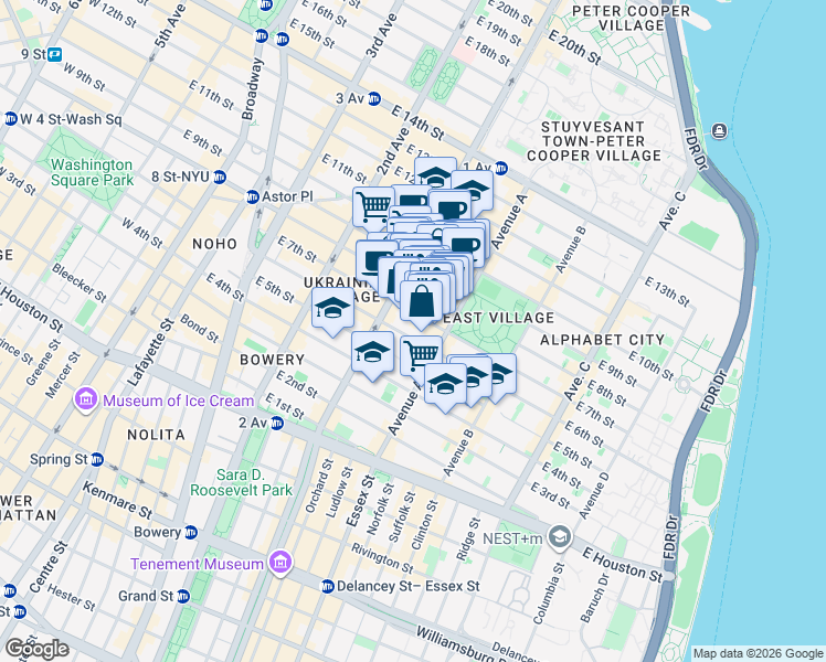 map of restaurants, bars, coffee shops, grocery stores, and more near 113 East 7th Street in New York