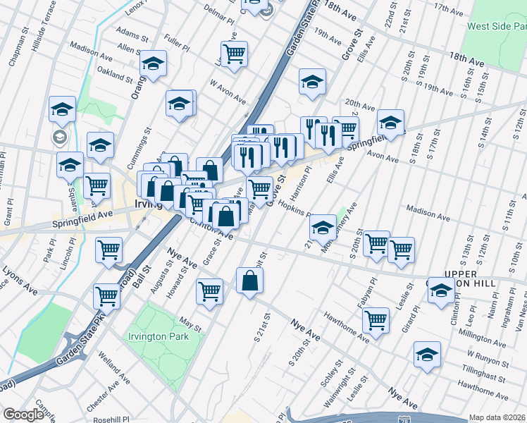 map of restaurants, bars, coffee shops, grocery stores, and more near 944 Grove Street in Irvington