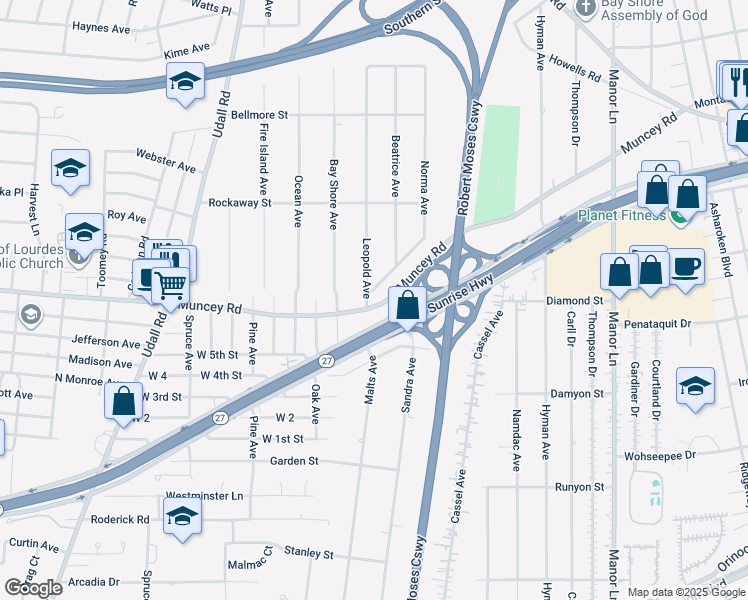 map of restaurants, bars, coffee shops, grocery stores, and more near 147 Norma Avenue in West Islip