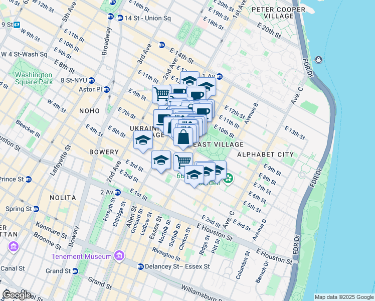 map of restaurants, bars, coffee shops, grocery stores, and more near 113 East 7th Street in New York