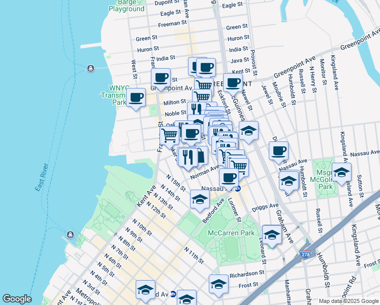 map of restaurants, bars, coffee shops, grocery stores, and more near 73 Meserole Avenue in Brooklyn