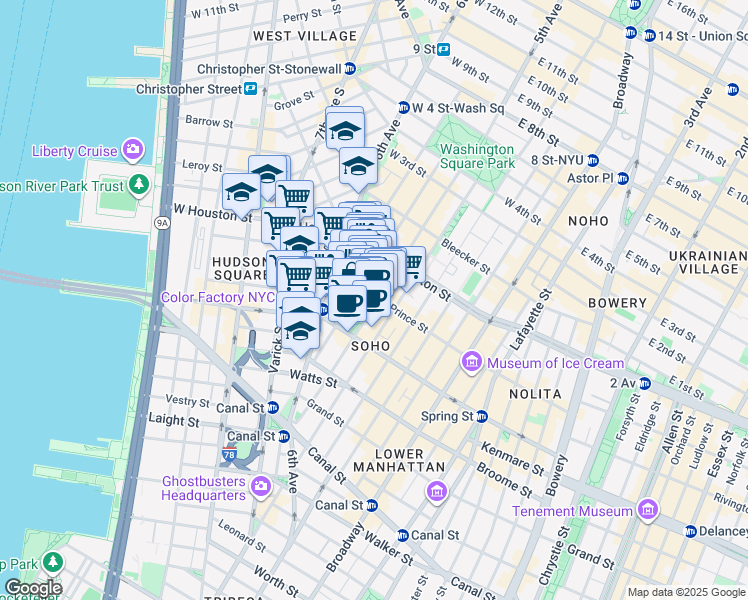 map of restaurants, bars, coffee shops, grocery stores, and more near 144 Sullivan Street in New York