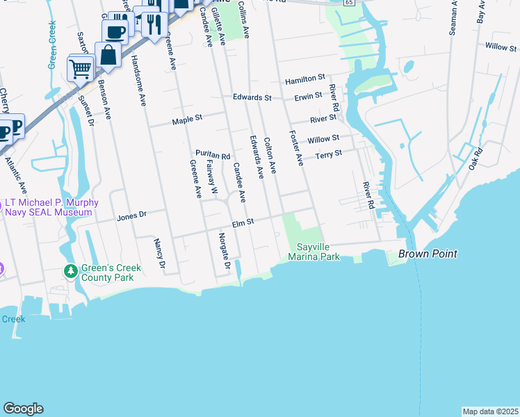 map of restaurants, bars, coffee shops, grocery stores, and more near 133 Edwards Avenue in Sayville