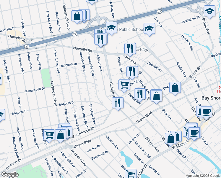 map of restaurants, bars, coffee shops, grocery stores, and more near 156 5th Avenue in Bay Shore