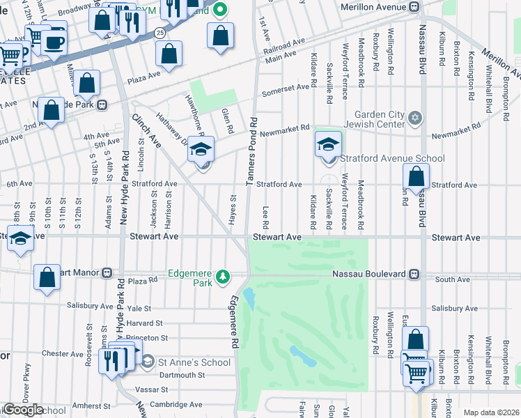 map of restaurants, bars, coffee shops, grocery stores, and more near 116 Lee Road in Garden City