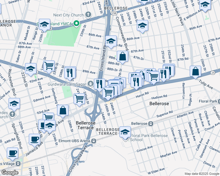 map of restaurants, bars, coffee shops, grocery stores, and more near 244-56 90th Avenue in Queens