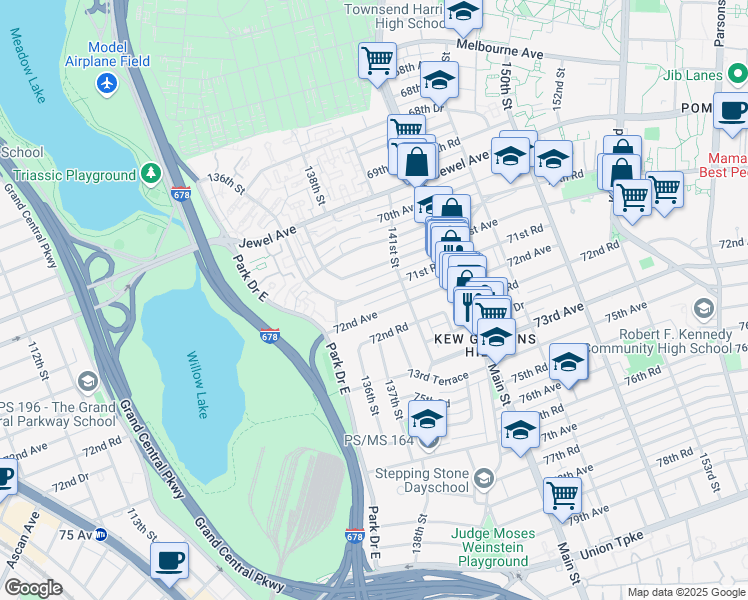 map of restaurants, bars, coffee shops, grocery stores, and more near 136-57 71st Road in Queens