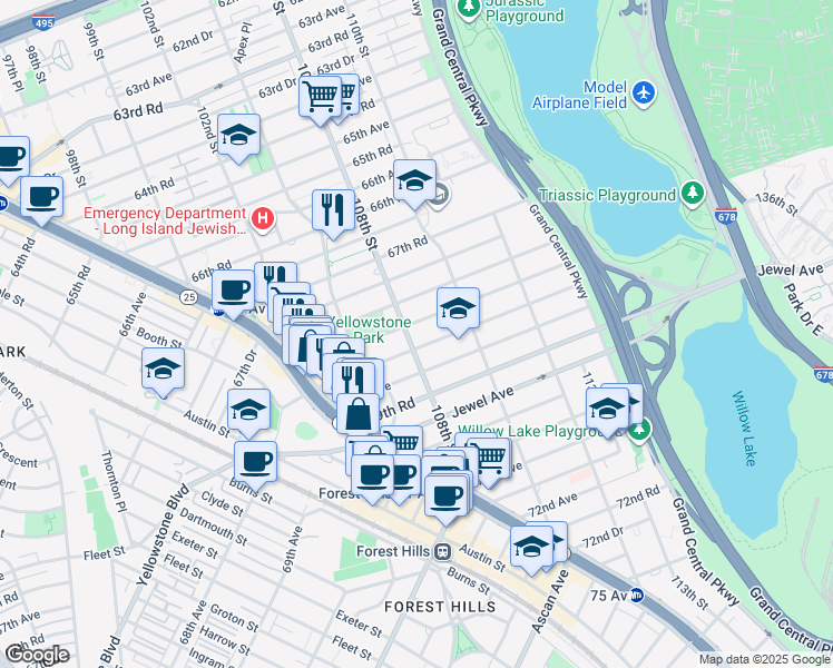 map of restaurants, bars, coffee shops, grocery stores, and more near 108-24 68th Drive in Queens