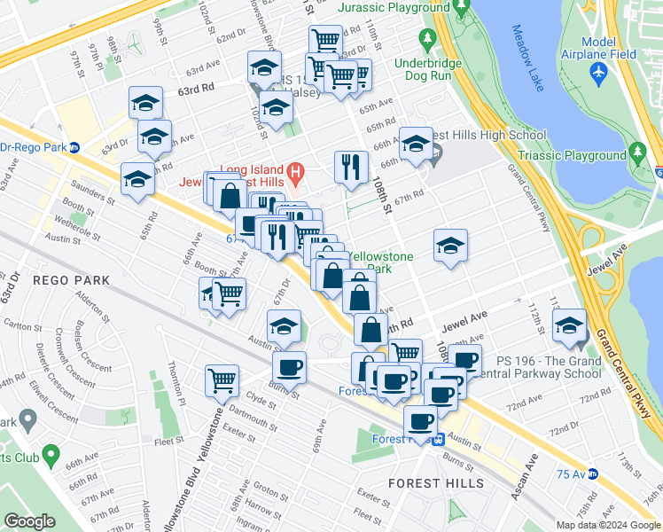 map of restaurants, bars, coffee shops, grocery stores, and more near 102-50 67th Drive in Queens
