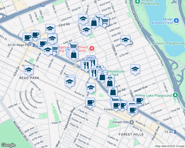 map of restaurants, bars, coffee shops, grocery stores, and more near 10207 67th Drive in Queens