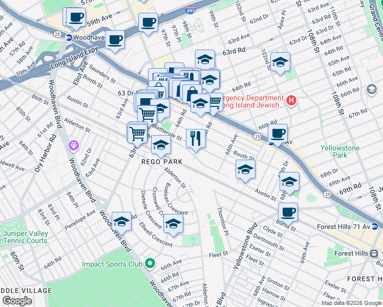 map of restaurants, bars, coffee shops, grocery stores, and more near 64-86 Wetherole Street in Queens